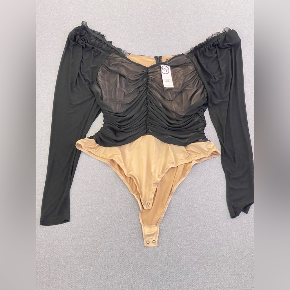 Fashion To Figure Mesh Ruched Bodysuit Long‎ Sleeve Sheer Top Size 2(Plus)